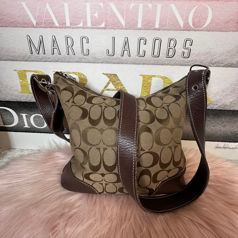 Coach Brown Signature Shoulder Bag with Leather Trim